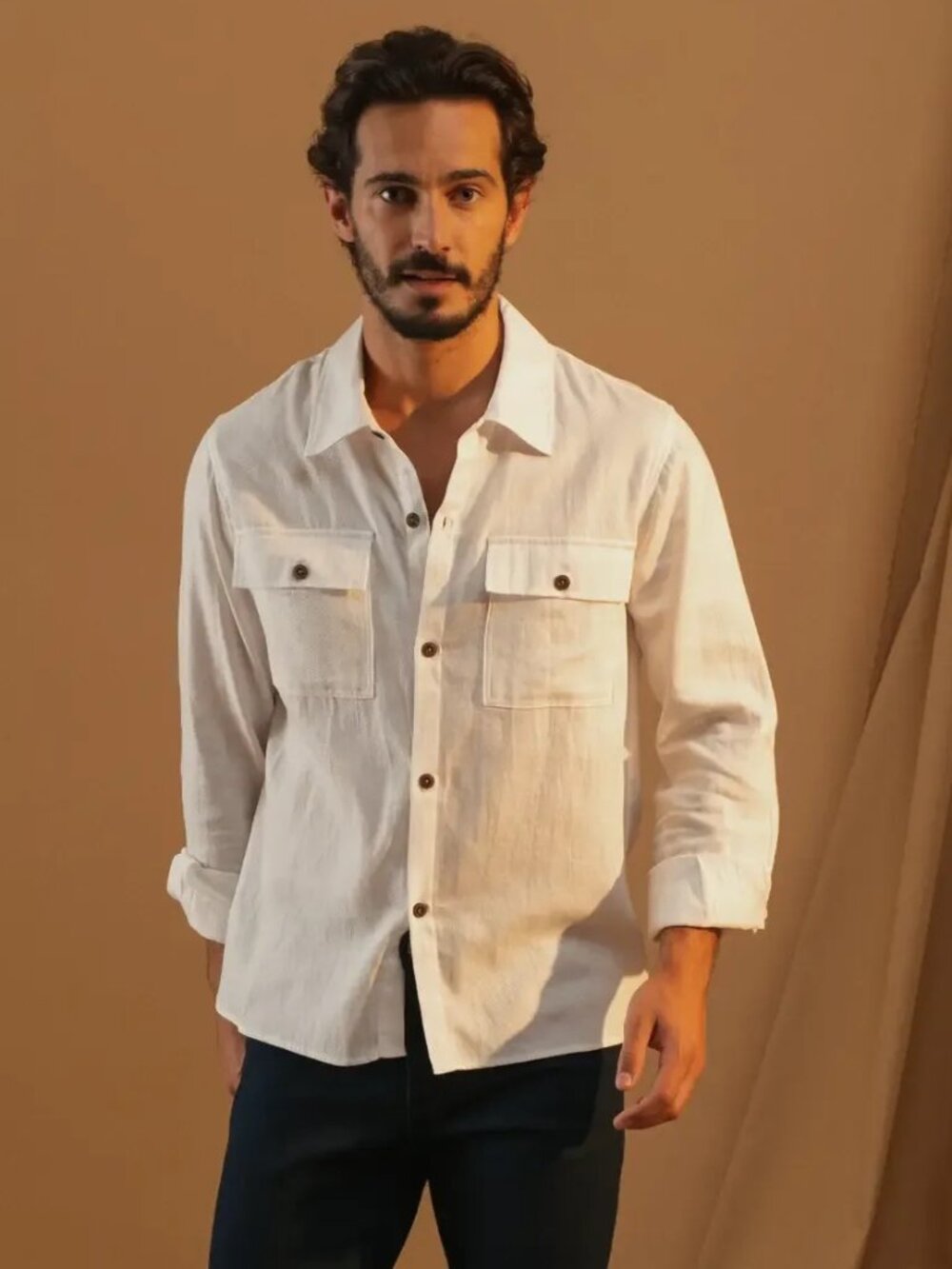 SMF White Linen Blend Long Sleeve Overshirt/4292